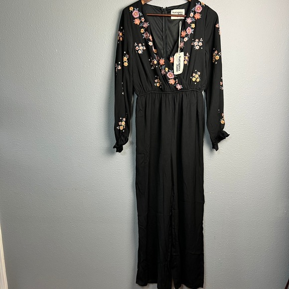 Savanna Jane Pants - NWT Savanna Jane Floral Embroidered Jumpsuit Balloon Sheer Sleeve Black Romper S